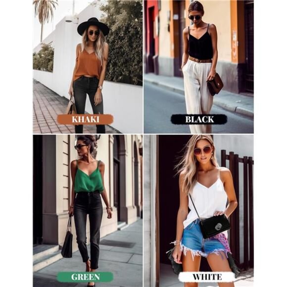 Women's Satin Camisole Tank Tops V Neck Green - Picture 4 of 4